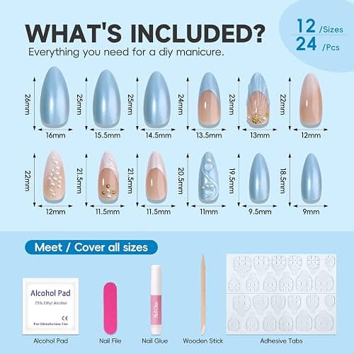 HOSAILY 3D Summer Beach Press on Nails Medium Almond, Blue White Ombre Shell Star Pearl Designs Semi-Handmade Full Cover Stick on Nails Gift for Women, 24Pcs Glossy Reusable Fake False Nails with Glue thumbnail 2