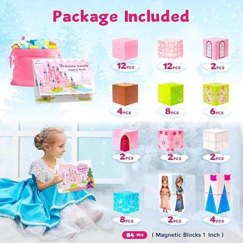 Hiwawind 64 Pcs Magnetic Blocks-Princess Castle Collection World,Magnetic Building Blocks for 3+ Year Old Boys & Girls, Creative STEM Sensory Toys,Christmas Birthday Gifts for Kids Ages 3-8 thumbnail 3