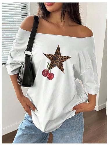 RoseSeek Women's Oversized Off Shoulder Graphic Tees Short Sleeve Bow Letter Print T Shirts Y2K Tops thumbnail 4