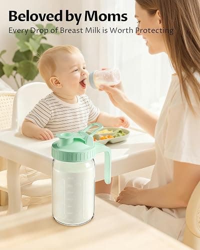 32oz Mason Jar Pitcher, Glass Breast Milk Pitcher with Lid | BPA Free, Airtight, Leak proof, Wide mouth, Pour Spout Lid, Fridge/ Dishwasher safe, Ergonomic handle, Formula container thumbnail 2