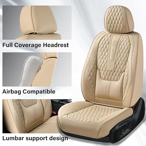 Coverado Car Seat Covers Full Set, Nappa Leather Seat Covers for Car, Waterproof Car Seat Protector with Lumbar Support, Automotive Seat Covers Universal Fit for Most Cars SUV Trucks (Beige) thumbnail 3