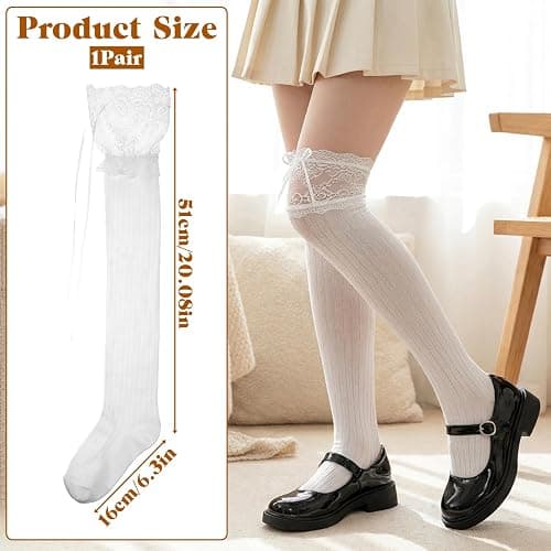 Zelphvt White Knee High Stockings, Lolita Socks with Bow Kawaii Ruffle Cute Lace Knee High Socks for Women Dating Dance thumbnail 2