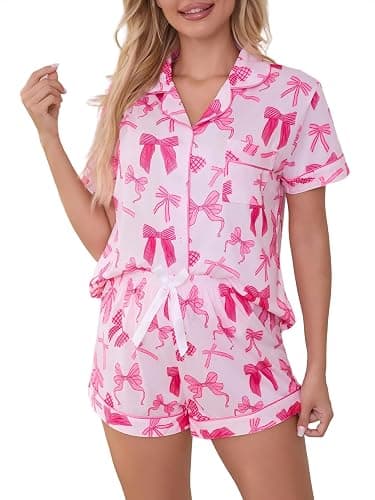SMENYITRA Cute Pj Bow Pajamas Sets for Women 2 Piece Button Up Short Sleeve Comfy Summer Lounge Sleepwear - Image 1