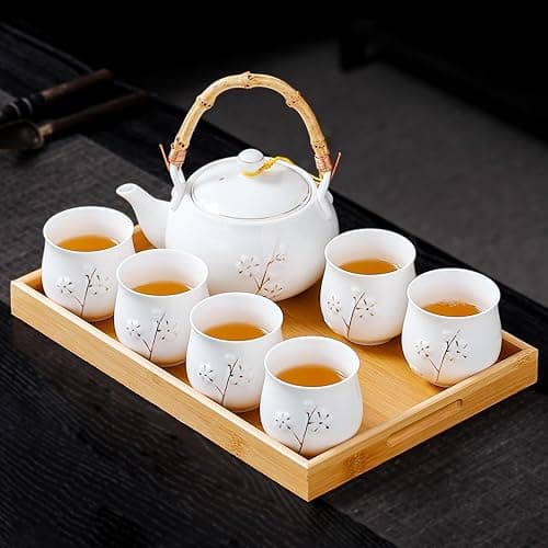 REOWONU Japanese Tea Set, White Porcelain tea set with 1 Teapot(23 oz/660ml), 6 Tea cups(5.3 oz/150ml), 1 Tea Tray, Golden plum blossom relief, Asian tea sets for adults (Golden plum-White)