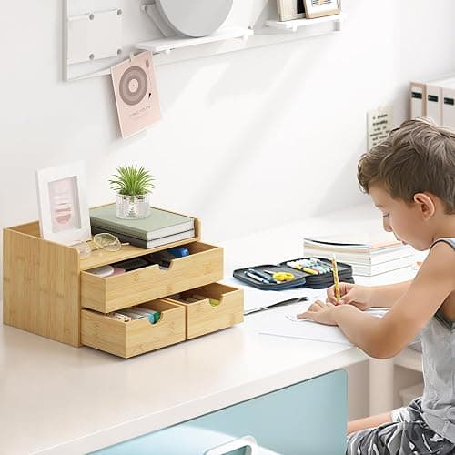 Wisuce Bamboo Desk Organizer - Mini Bamboo Desk Drawer Tabletop Cosmetic Storage Organization for Office or Home (Nature 3 Drawers) thumbnail 6
