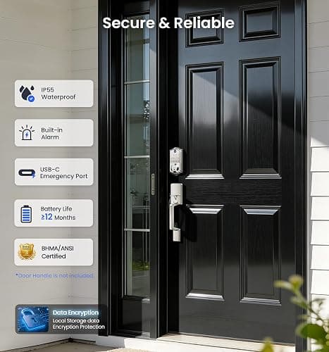 Veise VE017 Fingerprint Smart Door Lock, App Control, 8-in-1 Keyless Entry, Auto Lock, Emergency Power Port, Electronic Touchscreen Keypad, Biometric Smart Locks for Front Door, Satin Nickel thumbnail 5