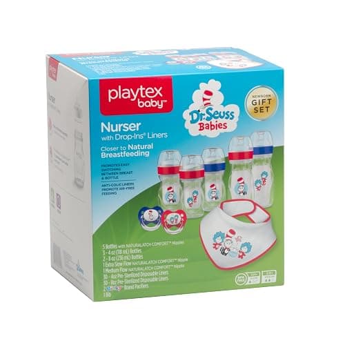 Playtex Baby Dr. Seuss Newborn Gift Set with 5 Nurser Bottles (3X 4Oz, 2X 8Oz), 2 Binky Pacifiers, 60 Drop-Ins Liners & Bib, Bottles for Newborn and Breastfeeding Babies, Feeding Essentials thumbnail 4