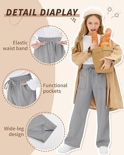 LessonZoo 3 Pack Girls' Sweatpants Wide Leg Drawstring Cargo Kids Joggers Open Bottom Loose Teen Pants with Pockets Sports thumbnail 3