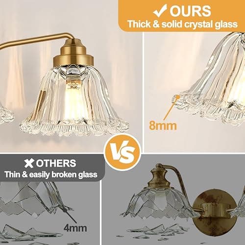 Meybiok Vintage Bathroom Light Fixtures, 3-Light Gold Vanity Light for Bathroom with Clear Flower Glass Shades, Vanity Lighting Fixtures Over Mirror (Exclude Bulb) thumbnail 7