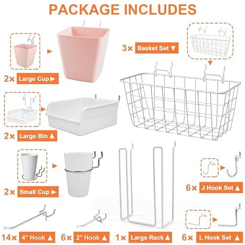 Pegboard Basket Organizers, Peg Board Large Baskets Hooks Bins Cups Tool Organizer 42 Pack Set, Wall Storage Display Hanging Accessories for Craft Office Stadio Shed Garage Organization (White & Pink) thumbnail 4