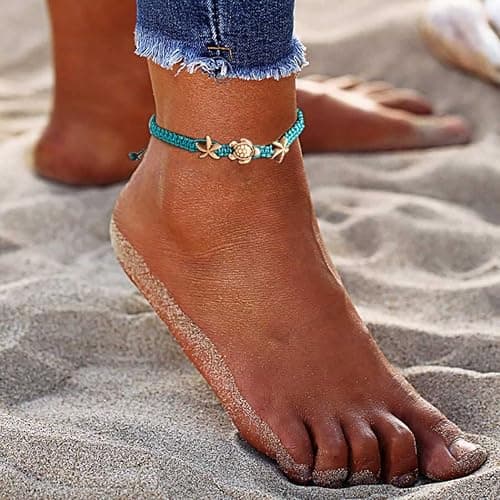 Yokawe Boho Turtle Anklets Bracelets Blue Starfish Summer Beach Waterproof Barefoot Sandals Jewelry for Women thumbnail 2