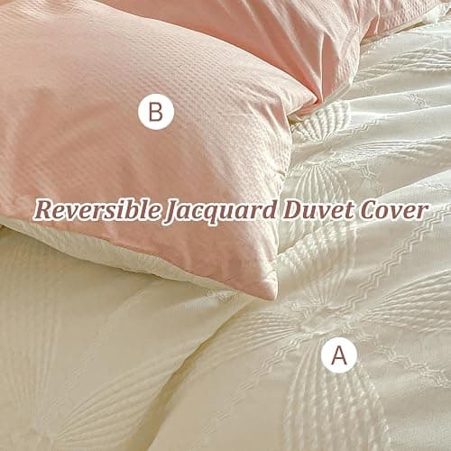 Double Duvet Cover Set White Pink Textured Quilt Bedding Set, Four-Leaf Clover Flower Pattern 3 Pieces Reversible Duvet Cover for All Season thumbnail 6