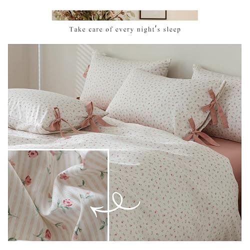 mixinni Boho Floral Comforter Sets Full Size Soft Fluffy Bed Set Green Leaves Dusty Rose Pattern on White Comforter Set, 3 Pieces Cute Floral Bedding Set with 2 Bow Tie Pillowcases for All Season - Full (80"x90") - C#bowknot-pink Flower thumbnail 7