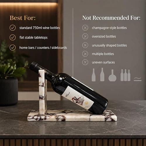 Artisanal Abode Marble Wine Holder, Single Bottle Tabletop Rack | Natural marble tabletop holder for one standard 750ml bottle; 11.8 x 3.9 x 5.9 in, for bar, counter, or dining decor. thumbnail 5