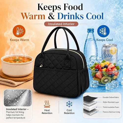 CAMTOP Lunch Box for Women Insulated Lunch Bag Lunchbox Cooler Thermal Leakproof Quilted Reusable Lunch Tote Bag for Work School Travel Picnic (Black) thumbnail 4