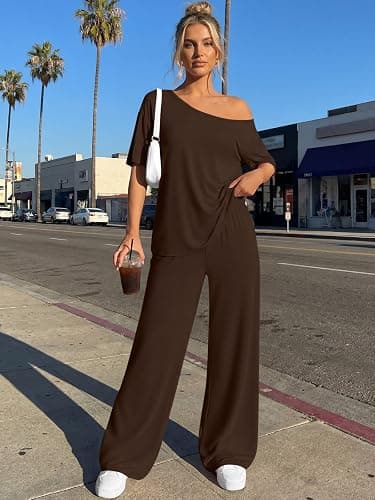 Trendy Queen Womens 2 Piece Lounge Sets Matching Comfy Outfits Clothing | Off Shoulder Oversized Tshirts & Wide Leg Pants Outfits thumbnail 6