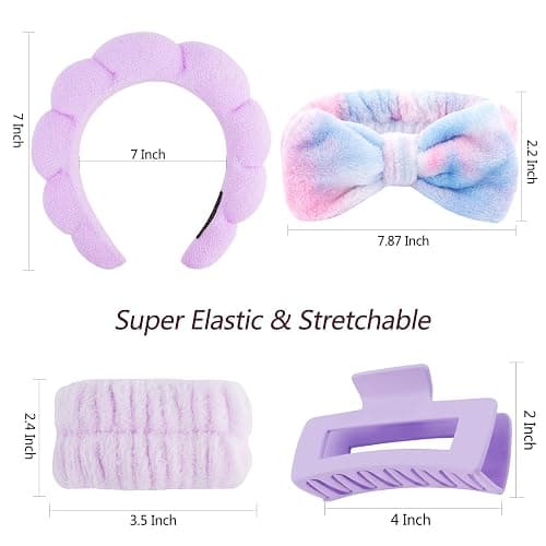 VELSCRUN Spa Headbands for Wash Face, Makeup Headband, Facial Skincare Headbands, 5 Pcs Purple Colourful Puffy Sponge Spa Headband Bow Tie Hair Band Hair Clips Wristband Set Women Girls Accessories thumbnail 6