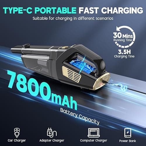 CKIKH Handheld Vacuum Cordless, 15000PA Strong Suction Hand Held Car Vacuum Cleaner Portable with Multi-Nozzles & Washable Filter, Lightweight Rechargeable Vacuum Cleaner for Home, Car, Office, Pets thumbnail 4