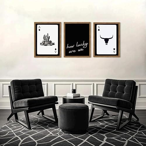 Western Wall Art Set of 3, Southwestern Cowboy Playing Card Wall Decor, Longhorn Bull Skull and How Lucky are We Poster Canvas Painting Prints for Bedroom Living Room 12x16 inch Wood Framed thumbnail 5