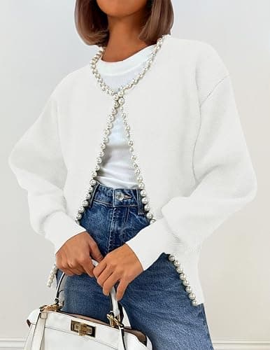 ZESICA Women's Open Front Cardigan Sweater 2026 Fall Casual Knitted Long Sleeve Pearls Trim Outerwear Coat Trendy Clothes thumbnail 8