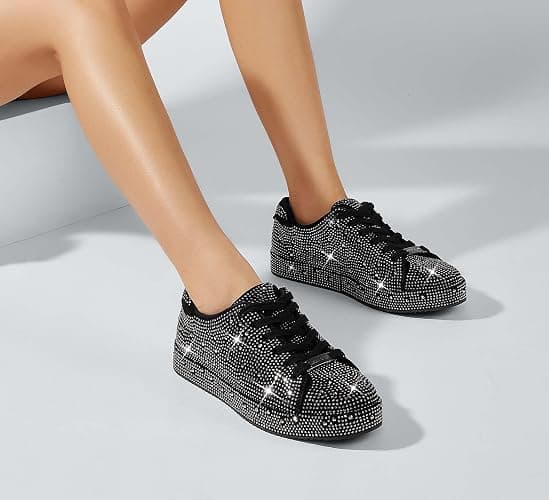 LUCKY STEP Platform Rhinestone Fashion Glitter Sneakers | Sparkly Bling Bedazzled Wedding Bridal Shiny Shoes for Women thumbnail 2