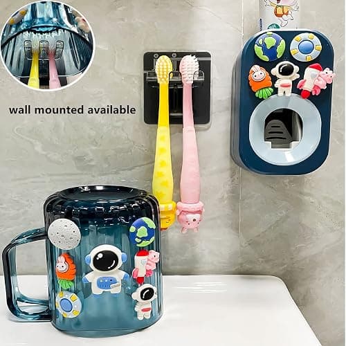 Automatic Toothpaste Dispenser & Toothpaste Holders and Wall Mounted Cup 3 Piece in a Set, is Wall Mounted for Bathroom,Toothpaste Squeezer for Kids & Family Shower by Mr. Thumbs(Navy Blue Set) thumbnail 3