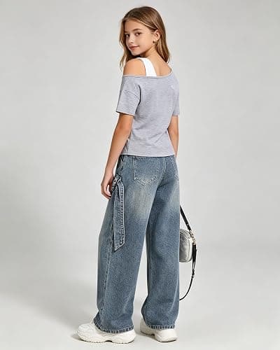Kxuryueo Teen Girl Clothes One Shoulder Top and Wide Leg Stretch Jeans 2 Piece Casual Outfits Size 7-16 thumbnail 7