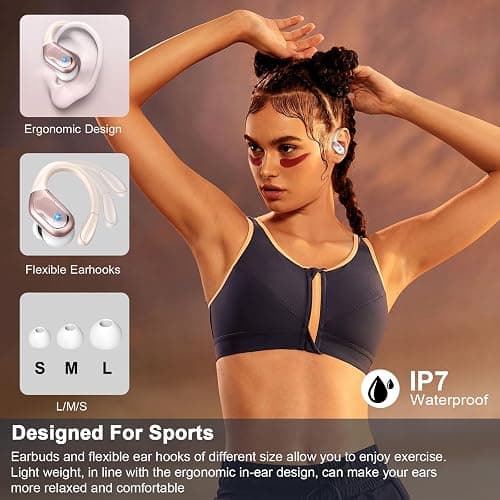 Wireless Earbud, 75H Bluetooth 5.4 Headphones Sport IP7 Waterproof, Running Wireless Earphones with ENC Noise Canceling Mic, 3D Bass Over Ear bud with Earhooks for Android, iOS, Workout, Gym, Rosegold thumbnail 6