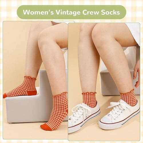 GGSTDDUP Women Ruffle Striped Frilly Socks, 6/10 Pairs Cute Checkered Ankle Sock for Women, Cotton Casual Crew Socks Size 5-9 thumbnail 4