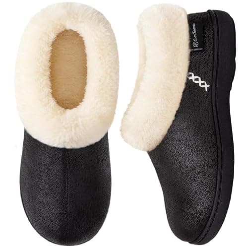 EverFoams Women's Microsuede Cozy Memory Foam Winter Slippers with Fuzzy Faux Fur Collar and Indoor Outdoor Rubber Sole - Image 1