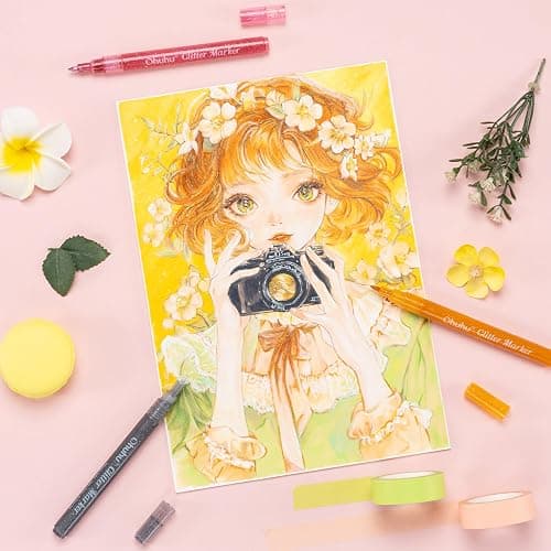 Ohuhu Glitter Markers Pen: 12 Glitter Colors Metallic Shimmer Marker Fine Tip Water-based Ink for Kids Adults DIY Crafts Greeting Birthday Cards Making Mugs Wood thumbnail 7