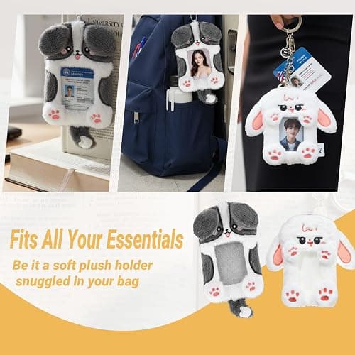 2PCS Cute Plush Photocard Holder with Keychain, Cartoon Animal Photo Sleeve ID Bank Badge Holder, Soft Idol Photo Protective Cover for Fans School Office, Best Christmas Birthday Gift thumbnail 6
