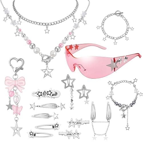 JATEBI Y2k Accessories Set Included Star Y2k Silver Necklace Bracelets Grunge Layered Necklace Y2K Sunglasses Hair Clip Pink Keychain Vintage Jewelry Set for Women - Image 1