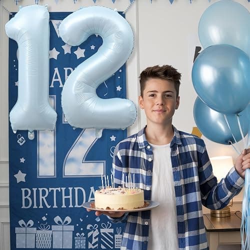 Foil 12 Balloon, Light Matte Sky Blue Big Number 12 Balloons for Boys Birthday Party Decor, 40 Inch Mylar Helium Number 12 Pastel Baby Blue Balloon for 12th Birthday Party Anniversary Decorations thumbnail 2