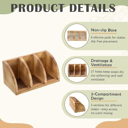 Shampoo Bar Holder Multi Bar Soap Dish, Wooden, 6.3 x 3.3 x 3.1 Inch | 3 Slots,Self Draining Soap Holders Rack for Shower Conditioner Bathroom Organizer, Natural Wood Tray, Prevents Bar Softening thumbnail 4