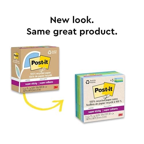 Post-it 100% Recycled Paper Super Sticky Notes, 3 in. x 3 in., 5 Pads, 70 Sheets per Pad, Oasis Collection, School Supplies and Office Products thumbnail 10