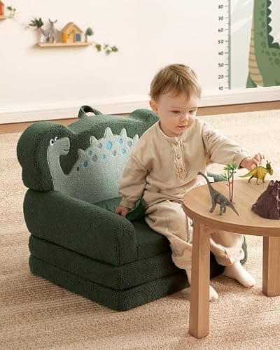 Blissful Diary Kids Couch, 2-in-1 Soft Toddler Couch Fold Out, Toddler Chair Comfy, Convertible Sofa to Lounger, Kids Furniture for Playroom, Gift for Birthday, Children's Day, Green Dinosaur thumbnail 2