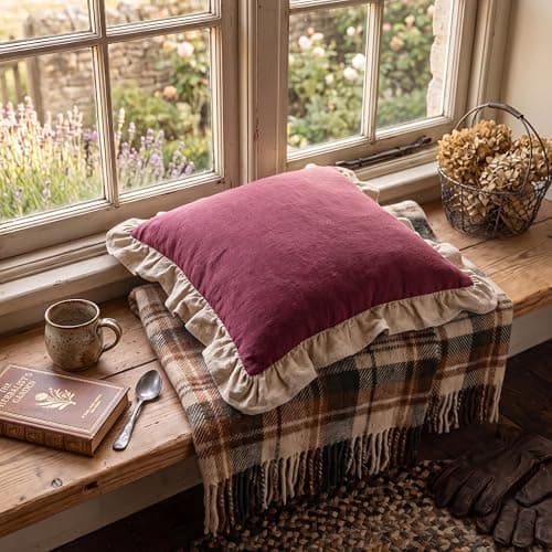 patdrea Vintage Red Linen Throw Pillow Covers,Set of 2,18"x18"-Kubum | Decorative Pillow Cover for Couch Living Room Bedroom Sofa,Rustic Farmhouse Design,Solid Pillow Case with Ruffled thumbnail 3