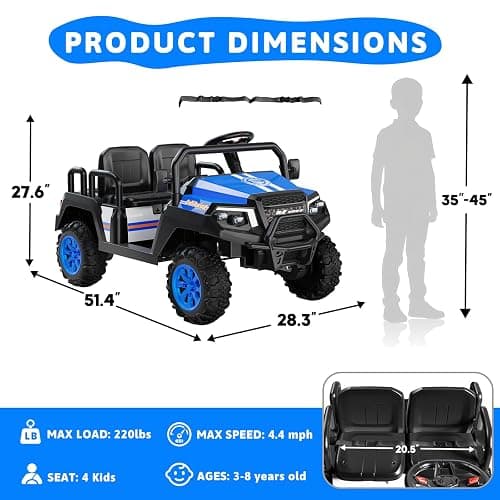 Electric Car for Kids, 24V 4 Seater Ride on Toys w/Parent Remote, 4 Wheeler Suspension, Max 220lbs Weight Capacity, USB, Music, Radio, LED Light, Ride on Truck for Boy/Girl Ages 3-8, Blue thumbnail 2