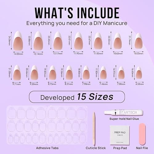 BTArtbox French Tip Press On Nails - Medium Press On Nails Almond, Natural Fake Nail with Nail Glue, Brown Glue On Nails in 15 Sizes - 30 Fake Nails Kit, Capable thumbnail 5