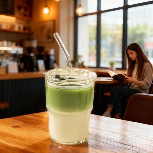 Olvini 13oz Glass Tumbler with Straw and Lid, Reusable Iced Coffee Cup Tumbler, Cute Glass Cups for Water, Matcha, Travel Coffee Mugs (Clear) thumbnail 2