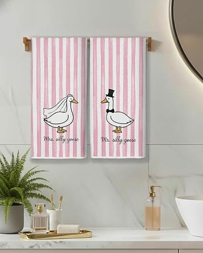 FGFK Mr and Mrs Goose Pink Striped Kitchen Towels 16x24 Inch, Wedding Gifts for Couples Newlyweds Dish Tea Towels for Kitchen Decor, Just Married Gifts Decorative Hand Towel for Bathroom, Set of 2 thumbnail 2