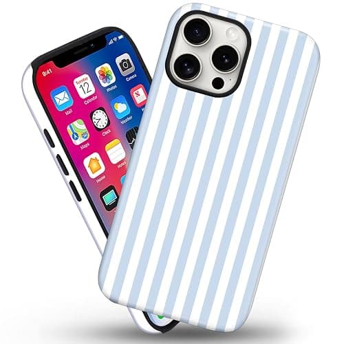 flewfun Magnetic for iPhone 15 Case Cute Stripes Phone Case, Shockproof Slim TPU and Hard PC Protective Phone Cover Compatible with MagSafe Designed for Women Girls, Blue and White thumbnail 2