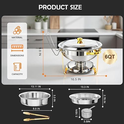 ALSO GO Round Chafing Dishes for Buffet 4 Pack, 6QT Chafing Dishes Buffet Set Gold, Catering Food Warmer for Parties Buffet with Full Size Chafing Pans, Stainless Steel Warming Trays for Thanksgiving thumbnail 7