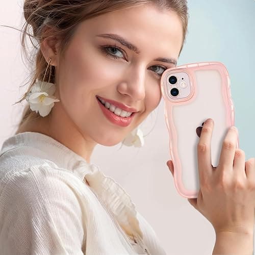 Dumkery Cute Case Compatible with iPhone 12 Case, Clear Pink Curly Wave Frame Anti Slip Soft TPU Shockproof Case Cover for Girls Women thumbnail 7