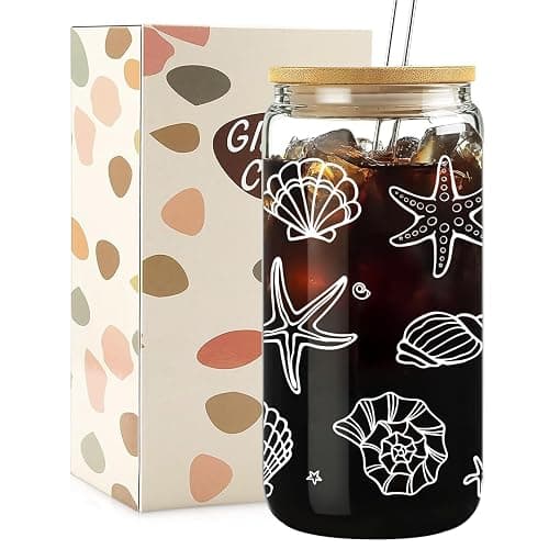 Mikopei Beach Gifts for Women - Ocean Animals Glass Cup with Lid and Straw, Cleaning Brush, Beach Room Decor, Coastal Decor for Home, Beachy Decorations, Iced Coffee Cup Tumbler, 16 oz - Image 1