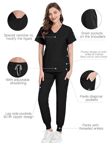 niaahinn Scrub Suit Set for Women Modern V-neck Top & Tapered Leg Jogger Pants with Drawstring Medical Nursing Uniforms Set thumbnail 6