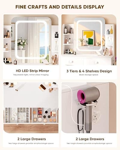 LIVELYGLOW Small Makeup Vanity Desk, 29.5" W x 15.8" D x 51.2" H, White (Smart LED Mirror, Hairdryer Rack, Power-Outlet, 5 Shelves, 2 Drawers) thumbnail 5