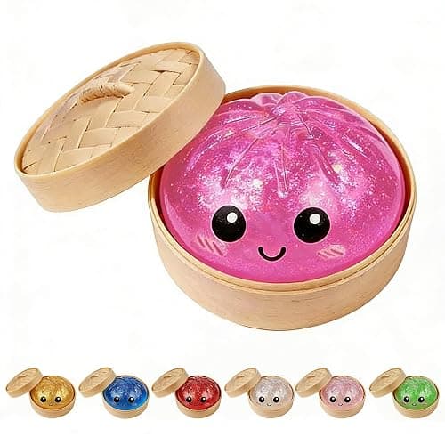 Dumpling Squishies, Glitter Dumpling Mystery Box, Colorful Dumplings Stress Balls Toy, Stocking Stuffers with Food Steamer Stretchy Desk Toys (Glitter Pink) - Image 1