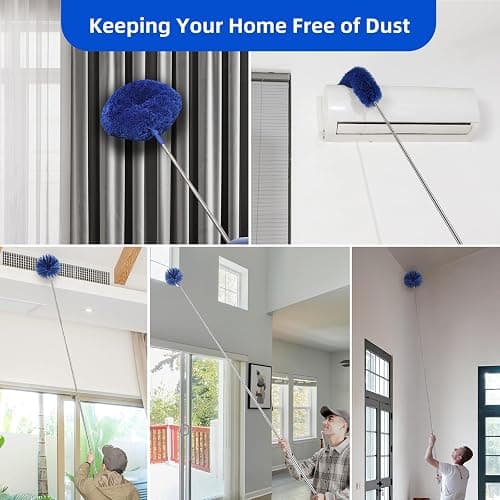 Microfiber Duster for High Ceiling Fan Blades, Cobweb with Extension Pole Adjusts 15-82 Inch, Reusable Cleaning Duster Kit with 3 Duster Heads for Wall Blinds Door Furniture Bookshelves (Blue) thumbnail 6